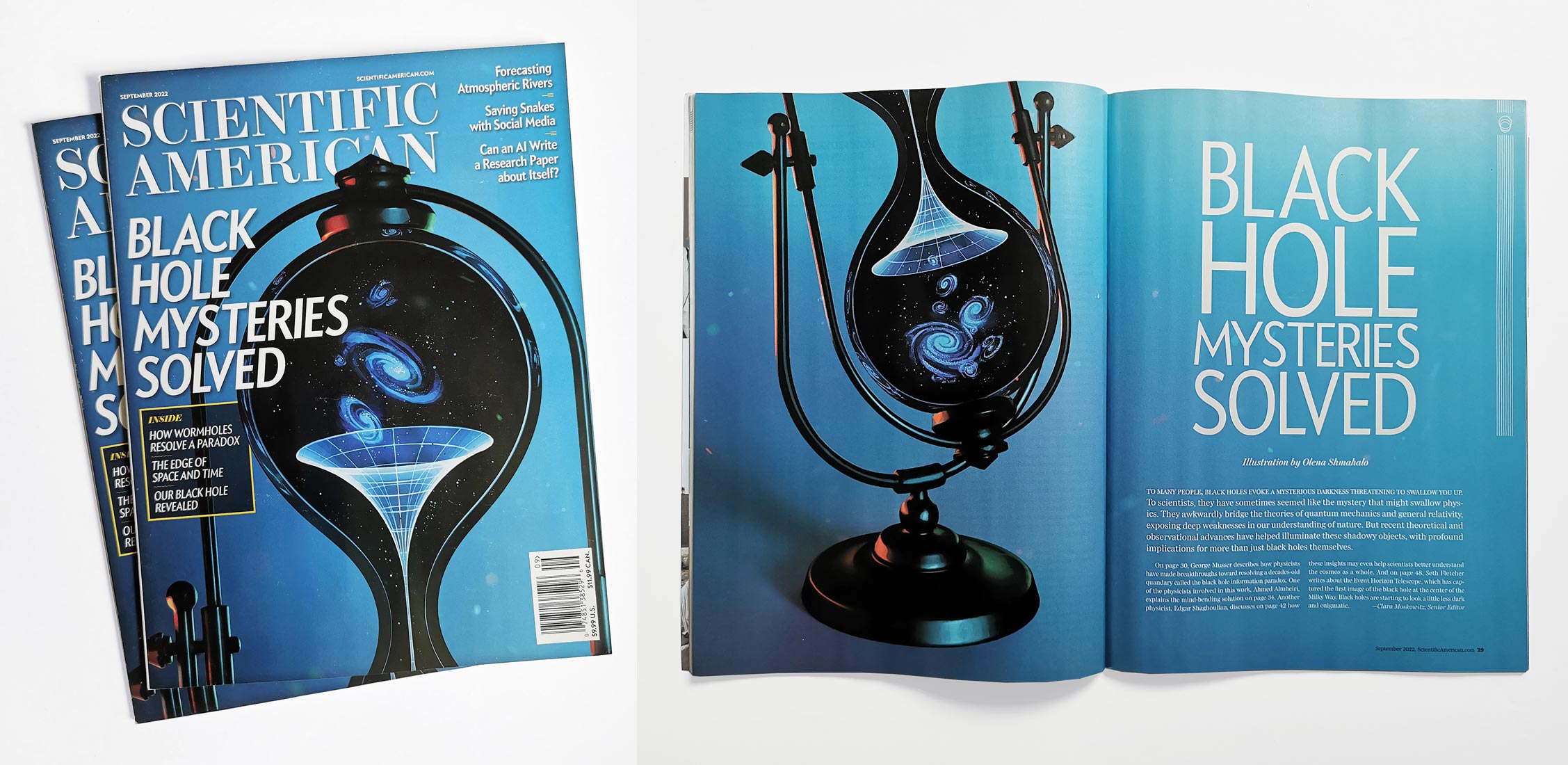 Photos of a Scientific American cover and spread. Title: Black Hole Mysteries Solved. Featuring 3D art of a black hourglass containing a central, white wormhole. Inside the hourglass, galaxies fall from the top bulb, through the wormhole, and land in the bottom bulb.