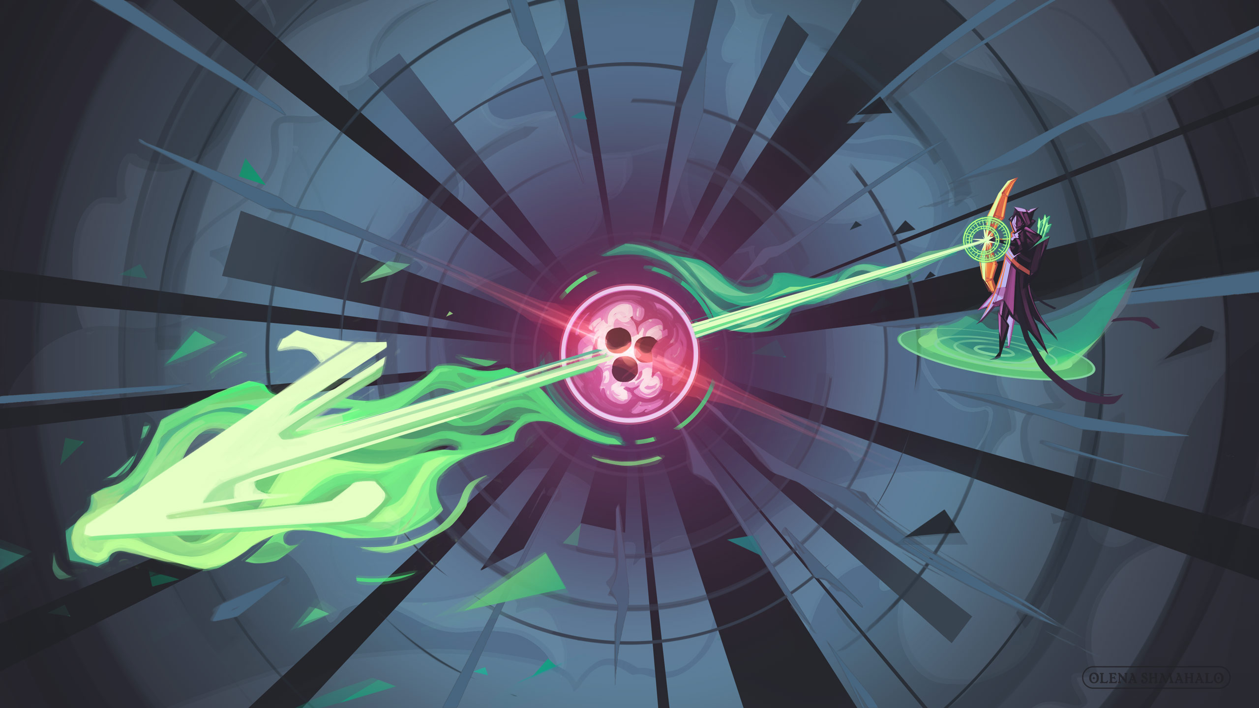 Illustration: an archer shooting a ghostly, neon-green arrow through a central sphere, revealing a proton's interior — 3 quarks. The arrowhead is shaped like the symbol for neutrinos, the Greek letter ν (nu). All on a blue-grey, abstract background with dark rays shooting out from the center.