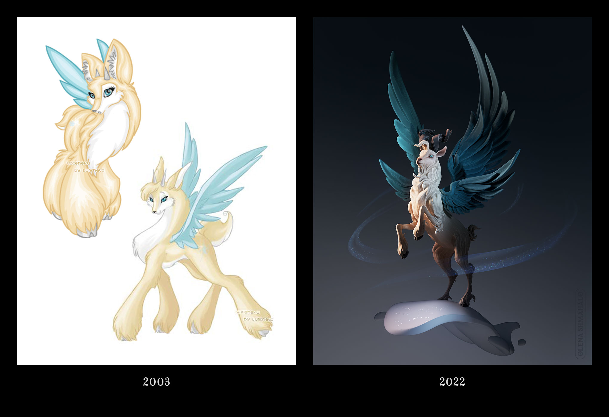 Stylized 3D sculpture of a beige goat-like creature with turquoise wings, next to old 2D drawings of the same character.