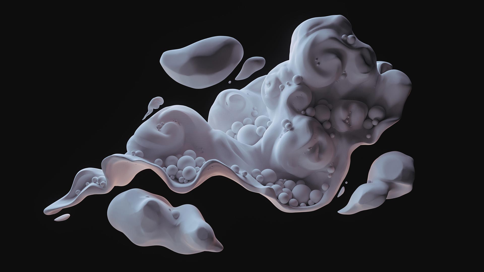 Clay render of a 3D sculpture: clustered spheres (representing black holes) cradled in the crevices of cloud-like forms.