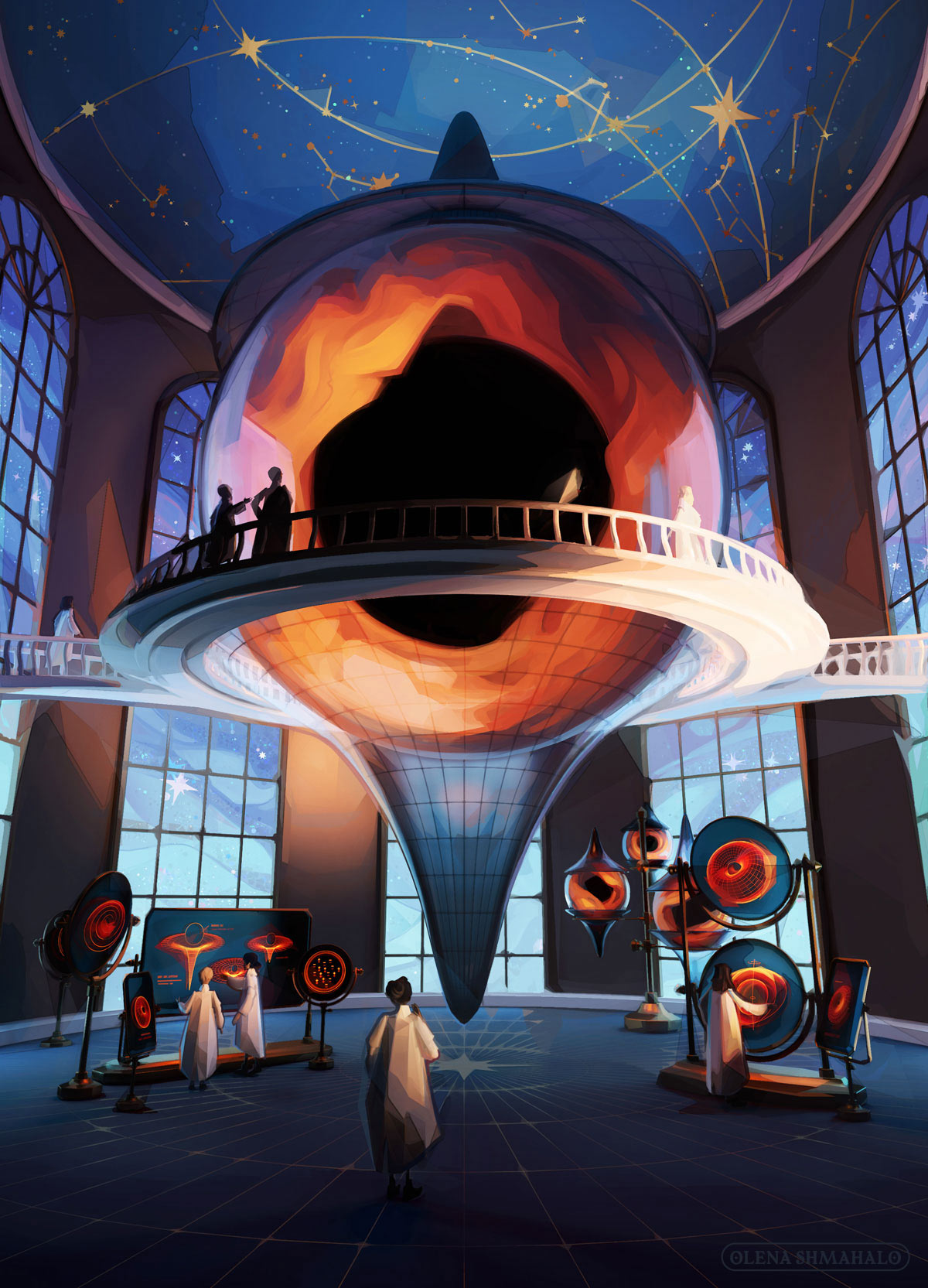 Painting of a black hole laboratory in a retro-futuristic style. Researchers observe glass screens displaying black hole graphics in orange. In the room's center: a giant glass sphere containing a model black hole with orange accretion clouds, surrounded by a viewing balcony.