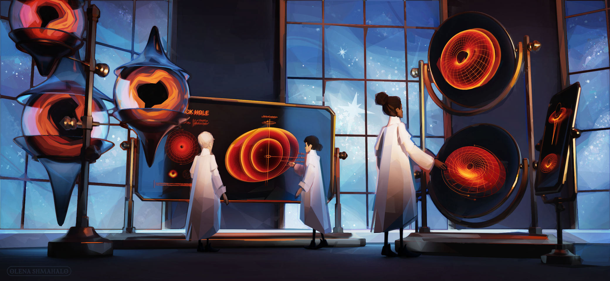 Painting of a black hole laboratory in a retro-futuristic style. Researchers observe glass screens displaying black hole graphics in orange.