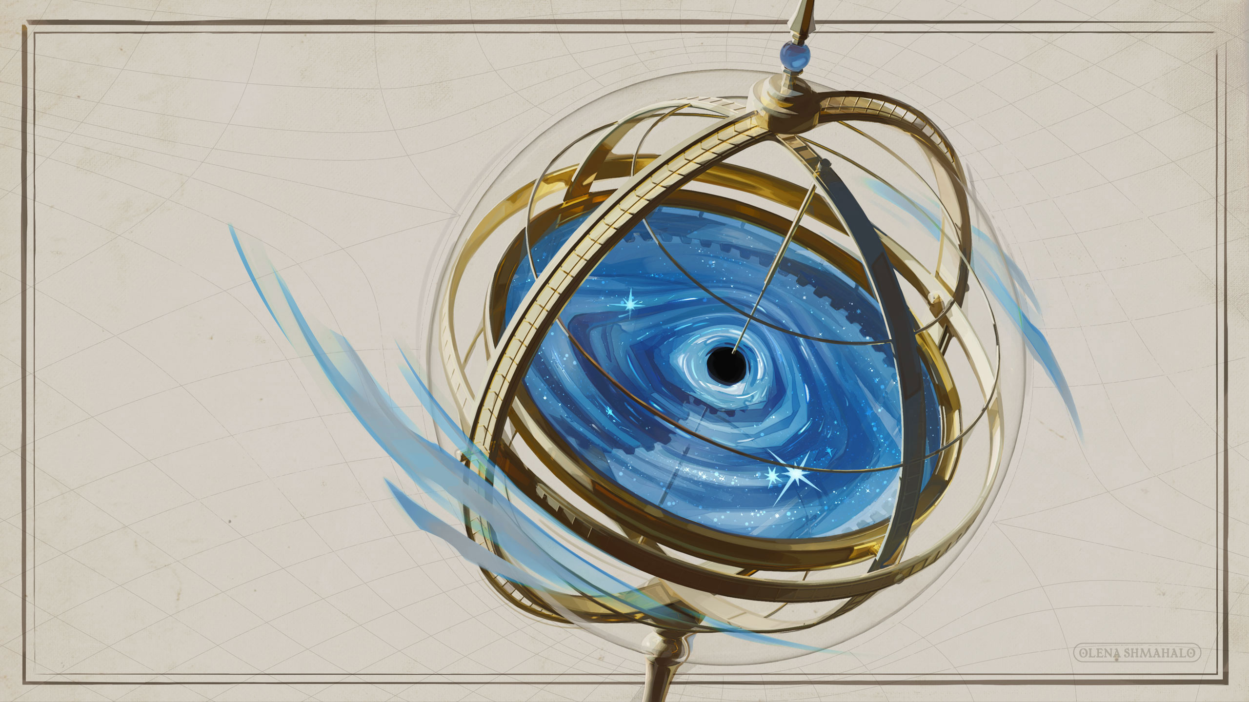 Painting of a gold armillary sphere on a beige background, containing a blue galaxy and a spherical black hole at its center. Gears are faintly visible beneath the galaxy.