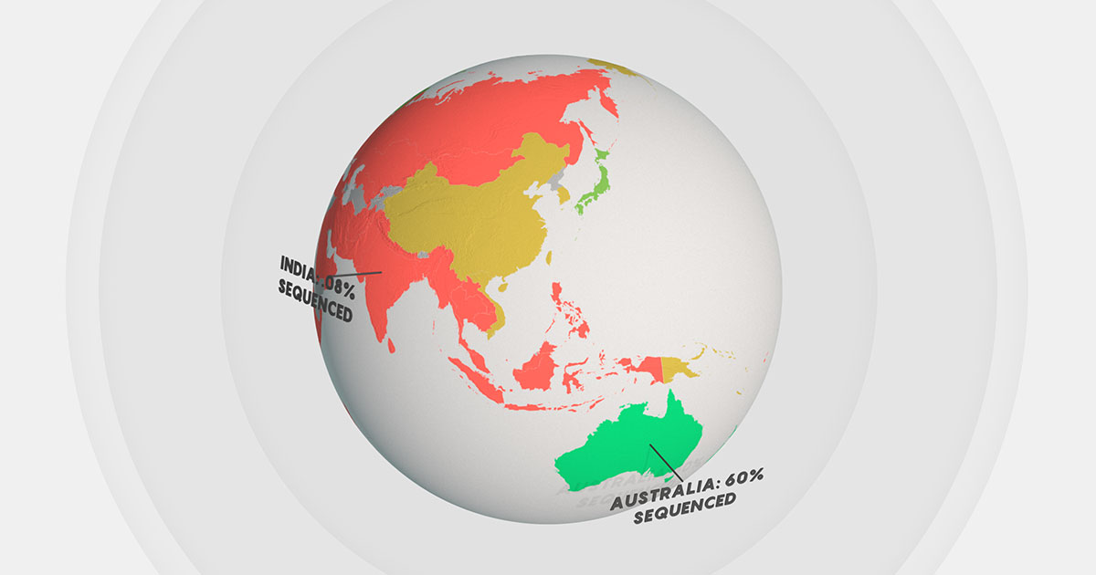 3D graphic: globe showing genome sequencing data.