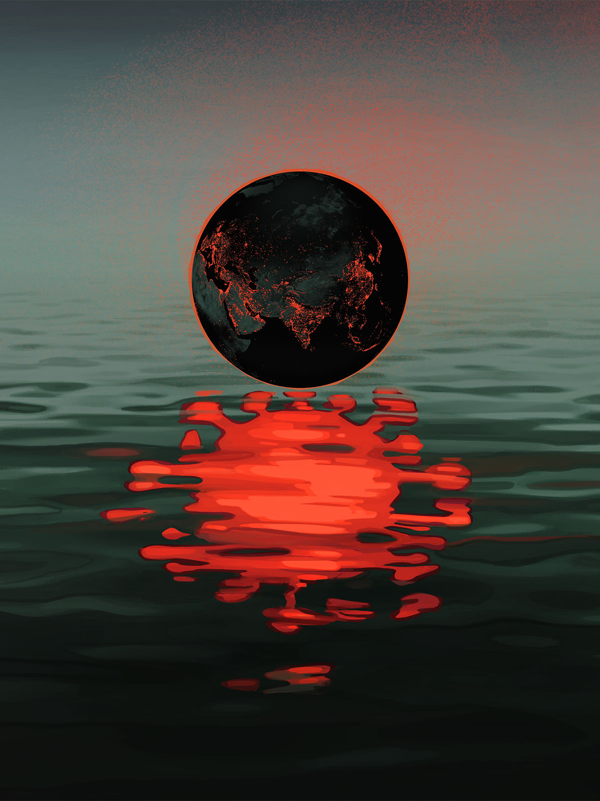 Painting of a black planet earth with red dots denoting cities, hovering over dark water that's reflecting the earth as a bright red coronavirus.