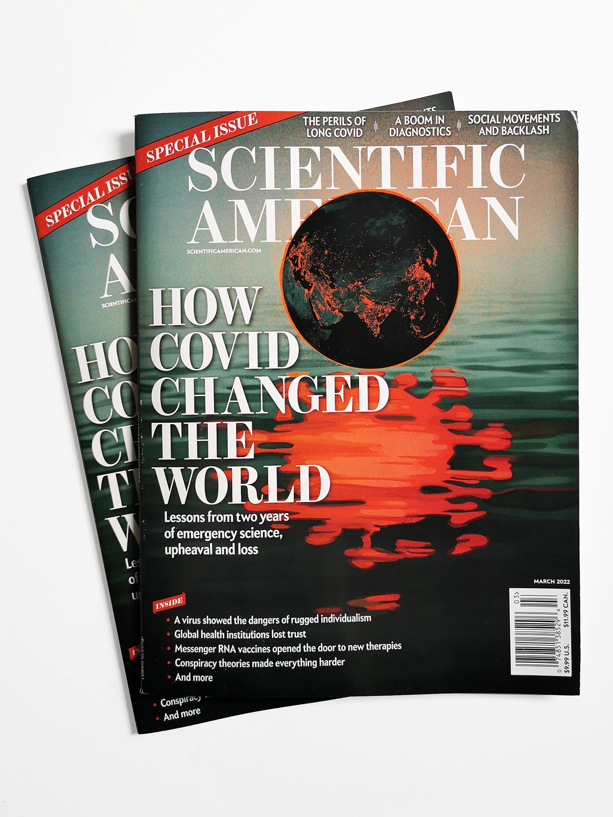 Scientific American cover: How COVID Changed the World. Painting of a black planet earth with red dots denoting cities, hovering over dark water that's reflecting the earth as a bright red coronavirus.