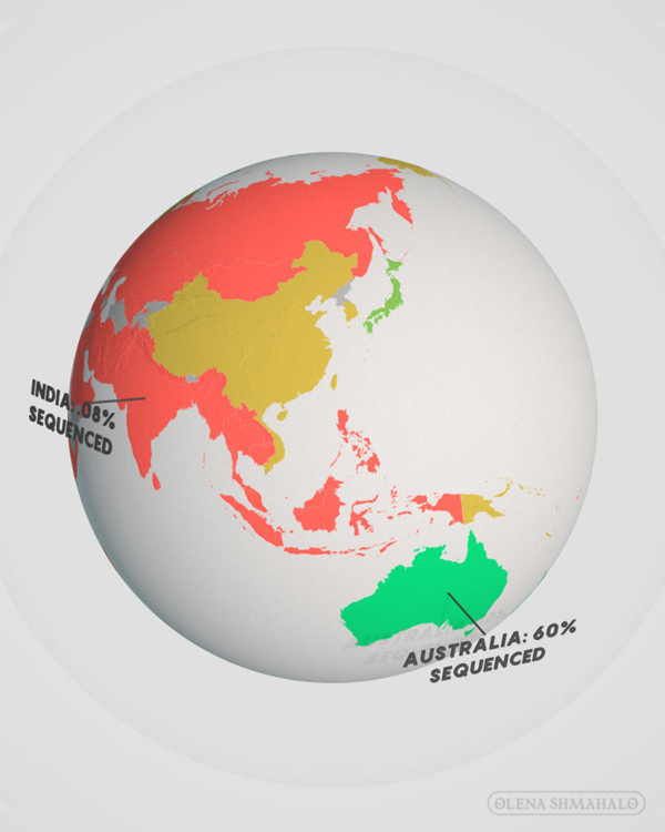 3D graphic: globe showing genome sequencing data.