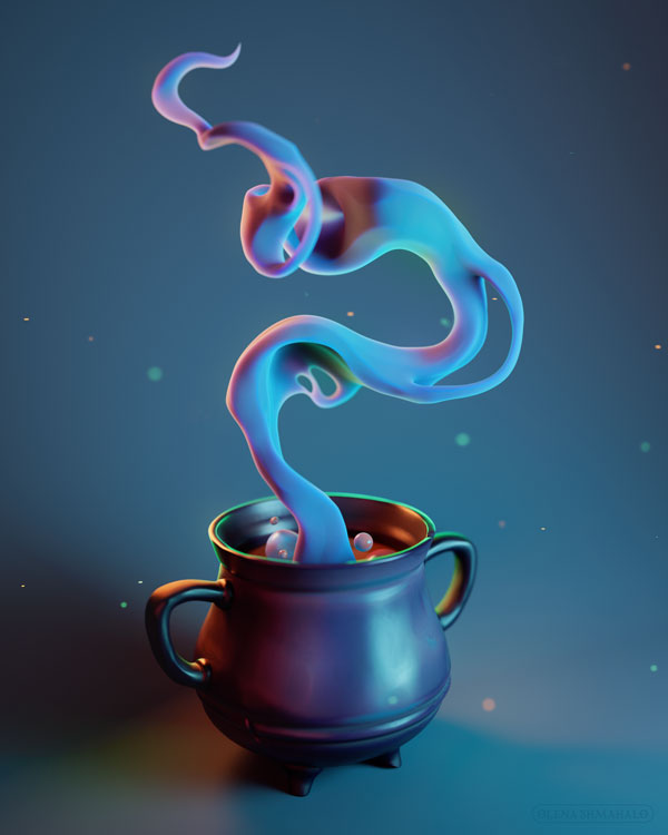 3D sculpture of a cauldron mug with iridescent smoke rising out of it, on a blue backdrop.