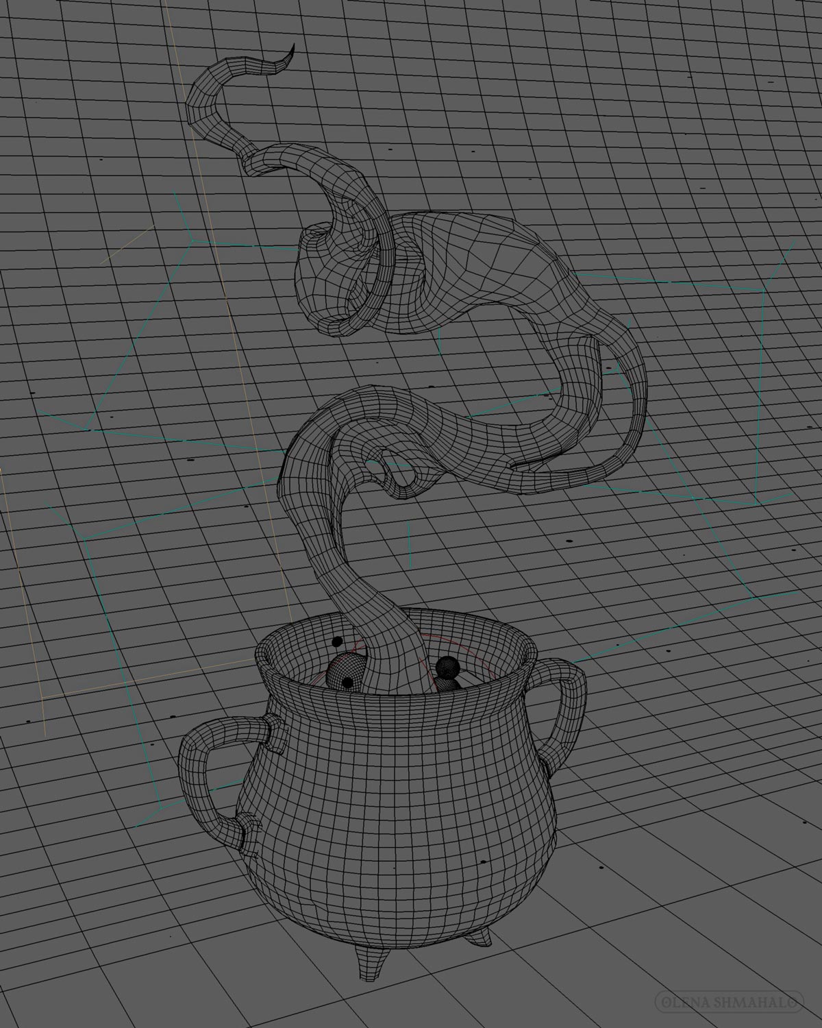 Wireframe: 3D sculpture of a cauldron mug with iridescent smoke rising out of it.