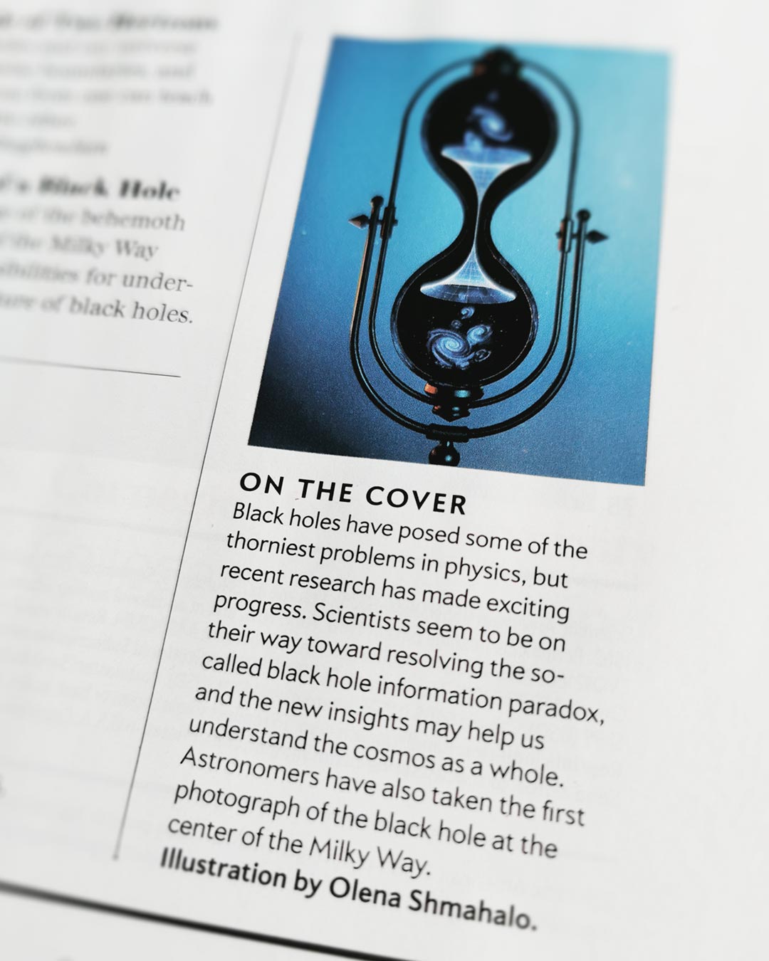 Closeup photo of a credit in Scientific American print magazine: Illustration by Olena Shmahalo.