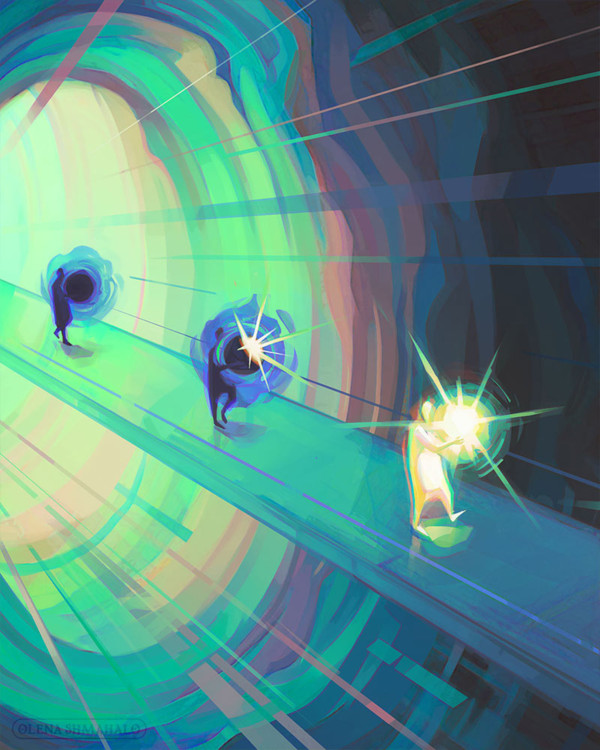 Painting of small figures carrying spheres through a portal, representing photons. As they cross the threshold, the characters and spheres turn from dark to light.