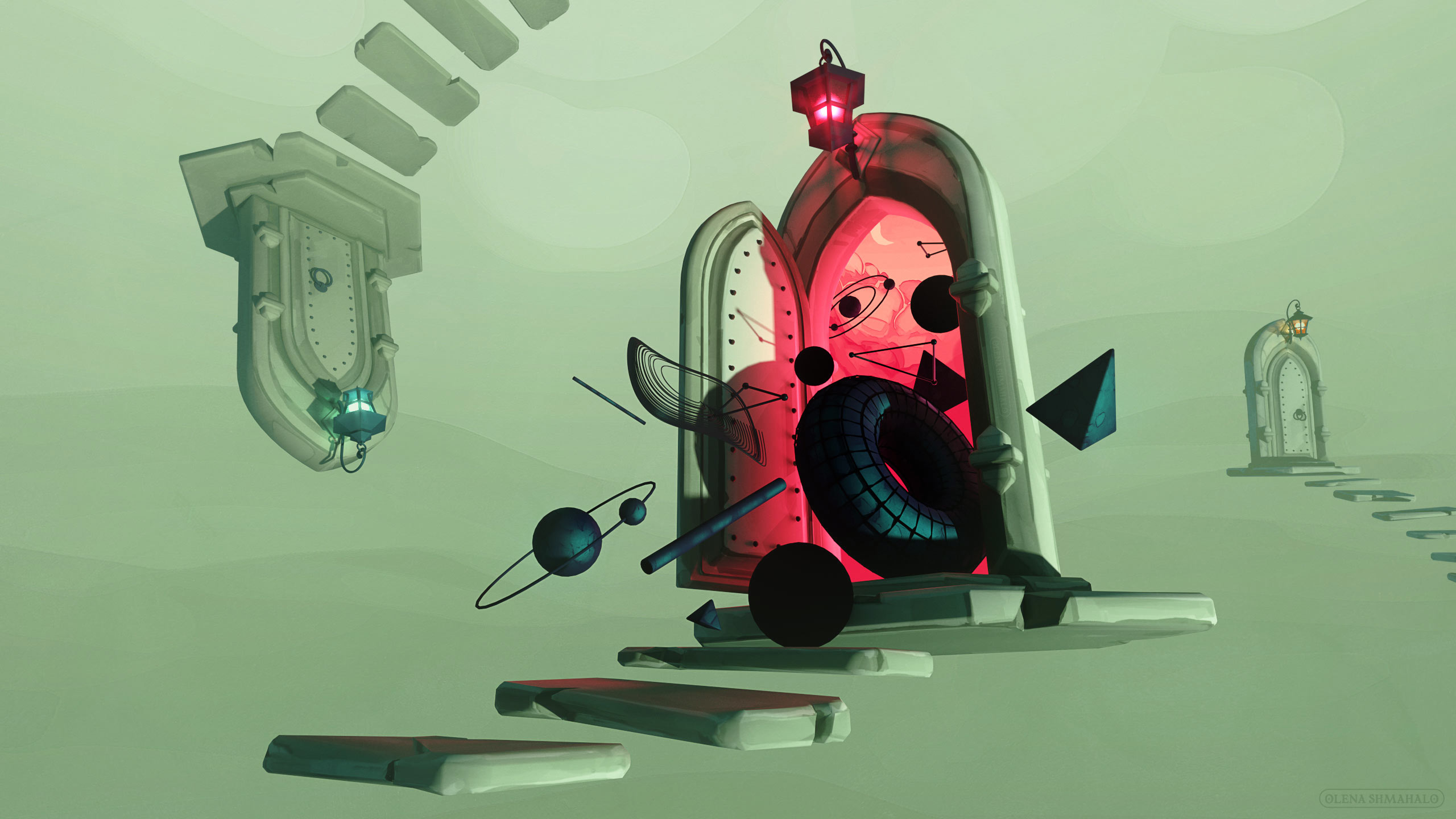 3D art: Mathematical objects and systems burst out of a portal leading to another world.