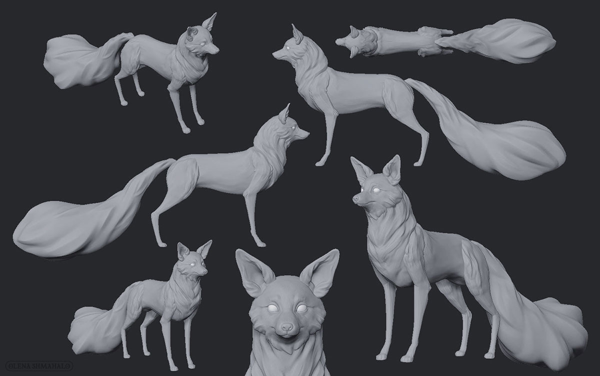 3D fox sculpture, various angles