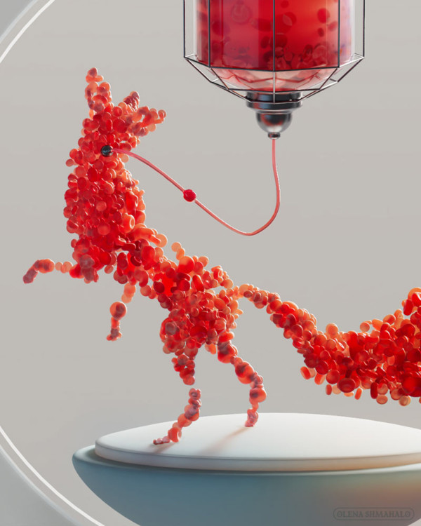 3D art: fox silhouette made up of blood cells, getting a blood injection