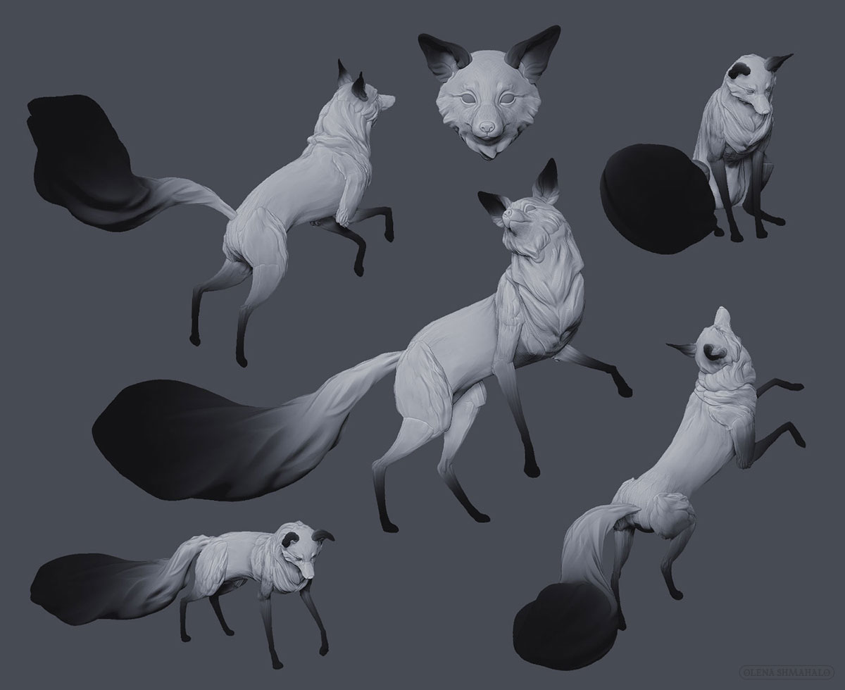 3D art: fox sculpture in various poses