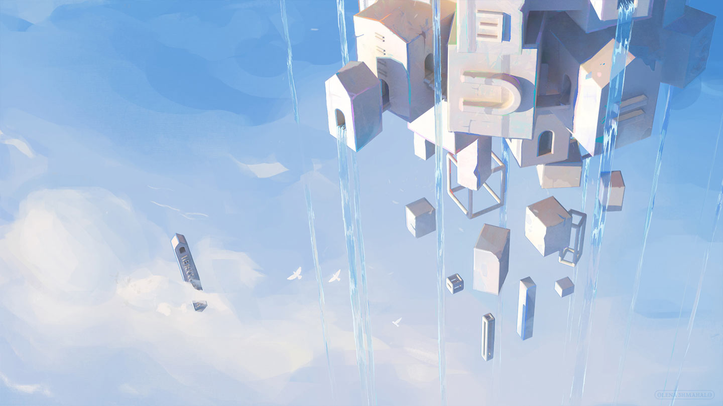 Fantasy painting: a white tower made of blocks with mathematical symbols, floating in the sky.