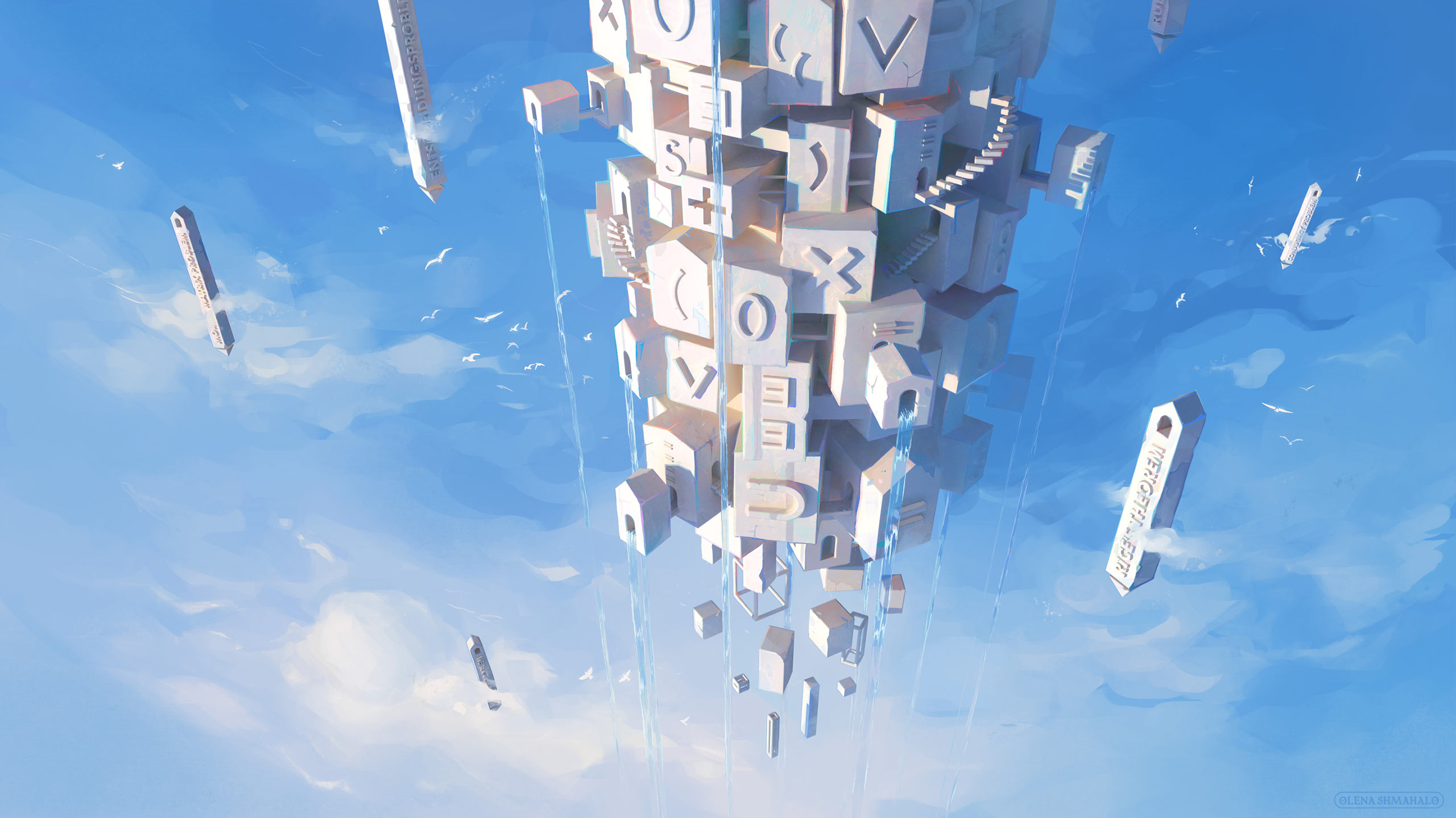 Fantasy painting: a white tower made of blocks with mathematical symbols, floating in the sky.