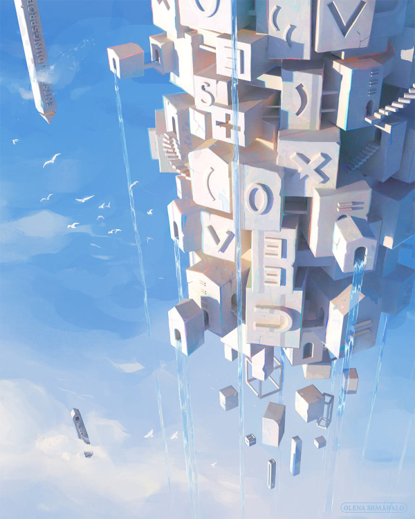 Fantasy painting: a white tower made of blocks with mathematical symbols, floating in the sky.