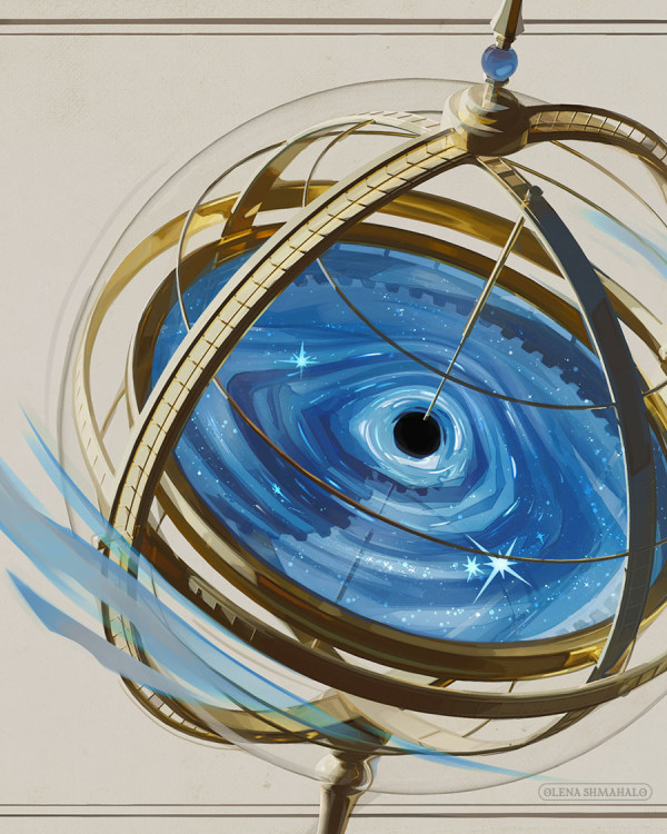 Painting of a gold armillary sphere on a beige background, containing a blue galaxy and a spherical black hole at its center. Gears are faintly visible beneath the galaxy.