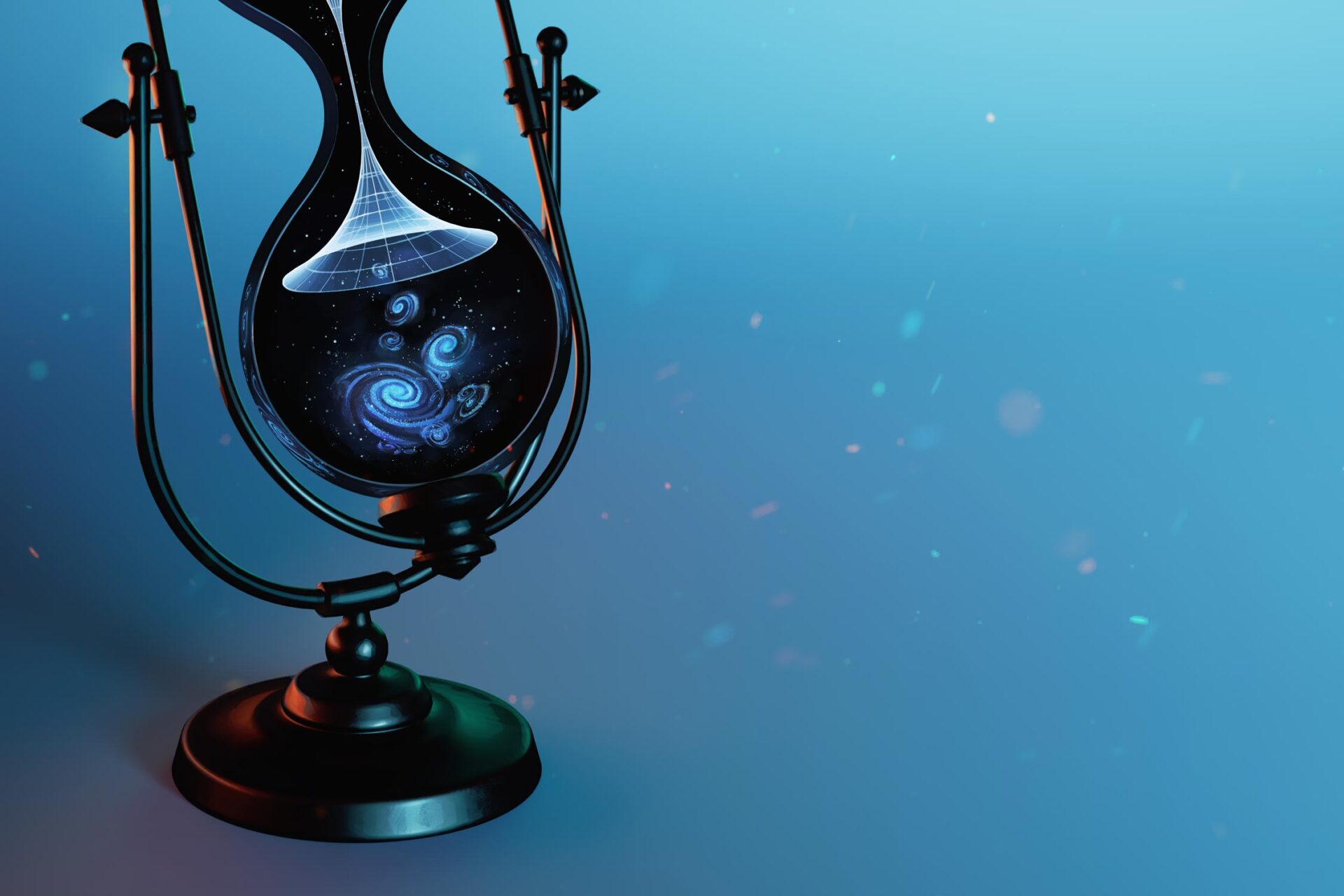 3D art of a black hourglass containing a central, white wormhole. Inside the hourglass, galaxies fall from the top bulb, through the wormhole, and land in the bottom bulb.