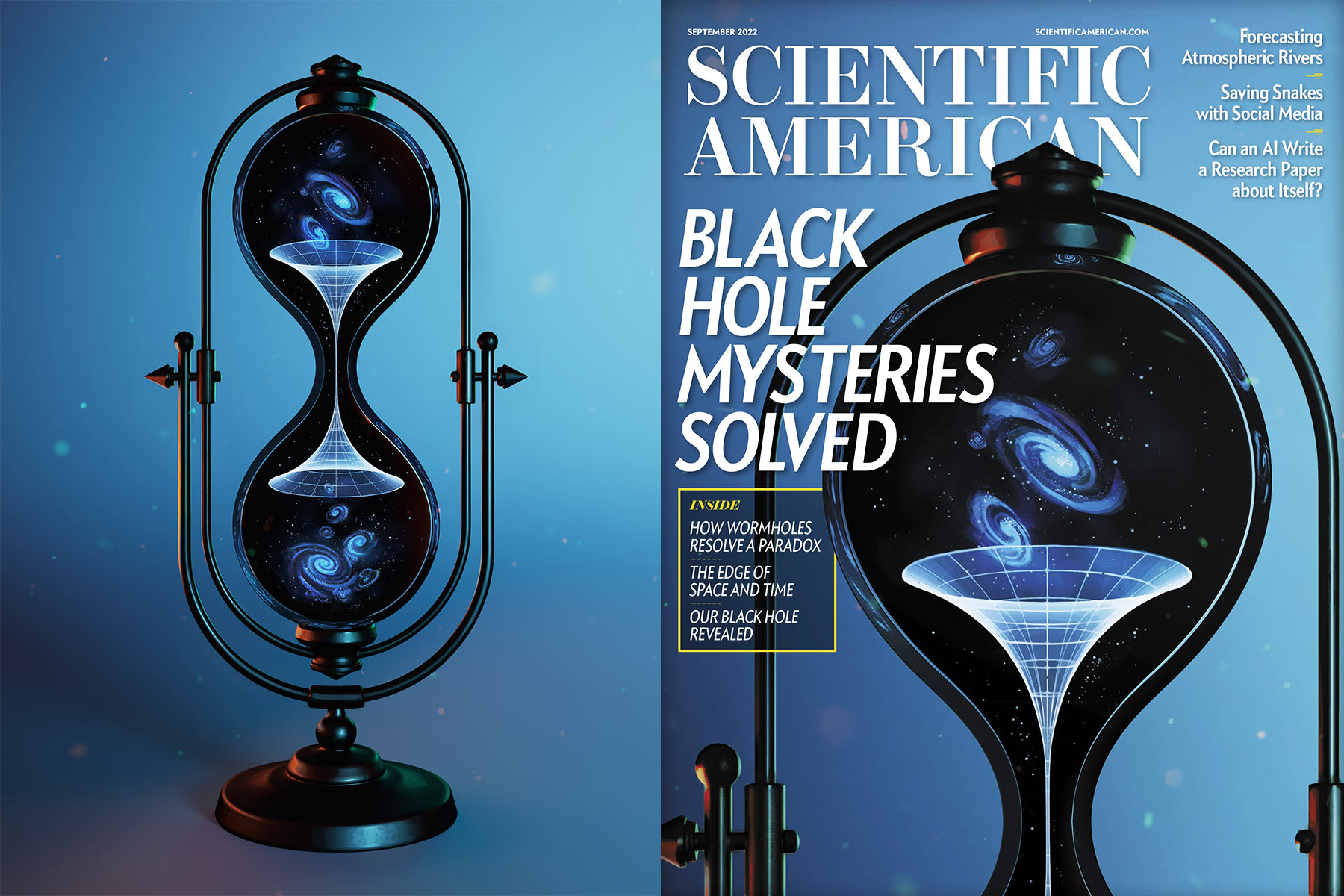 Scientific American cover. Title: Black Hole Mysteries Solved. Featuring 3D art of a black hourglass containing a central, white wormhole. Inside the hourglass, galaxies fall from the top bulb, through the wormhole, and land in the bottom bulb.