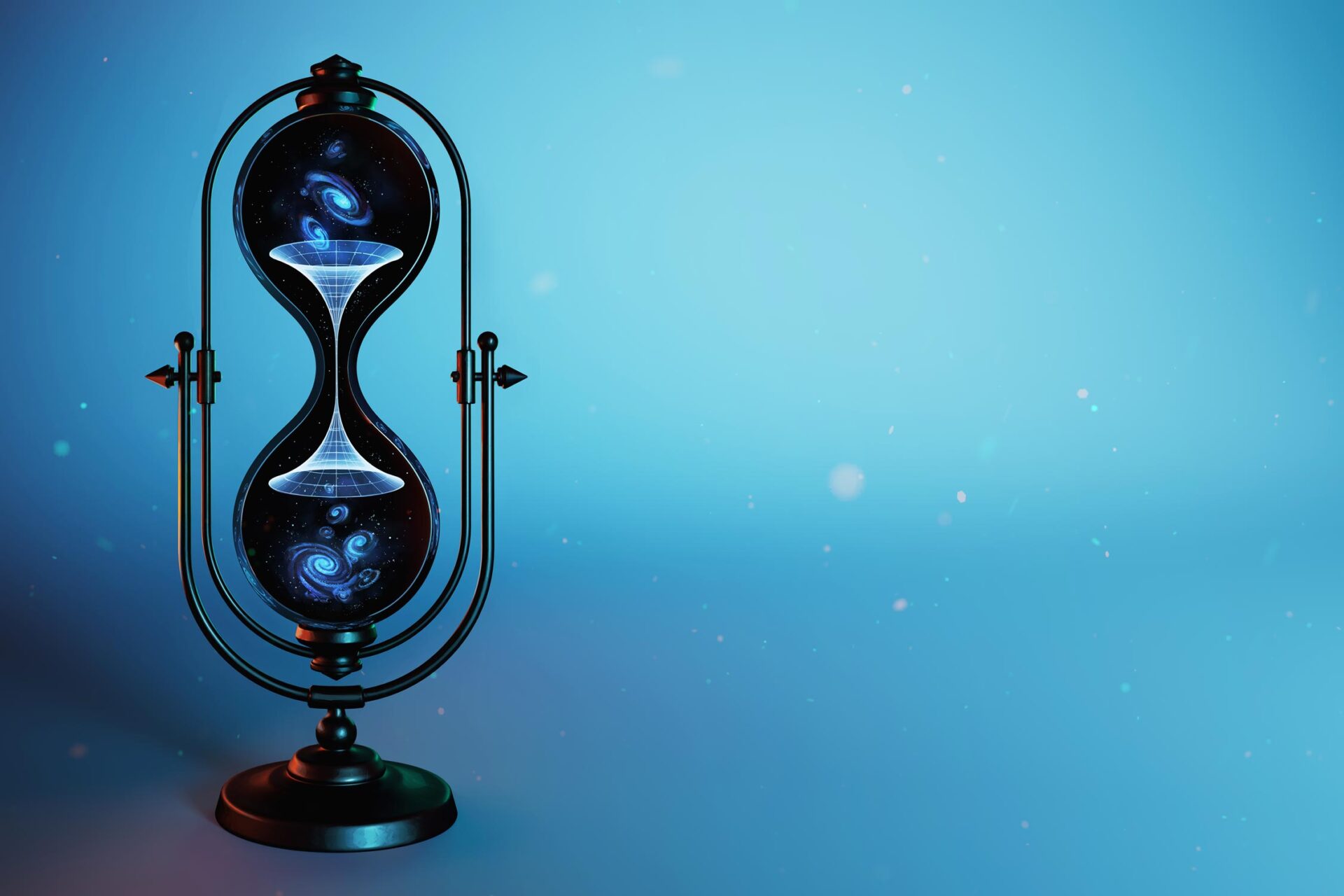 3D art on blue backdrop: A black hourglass containing galaxies that are falling in the top and spilling out the bottom of a white wormhole or two-sided black hole.