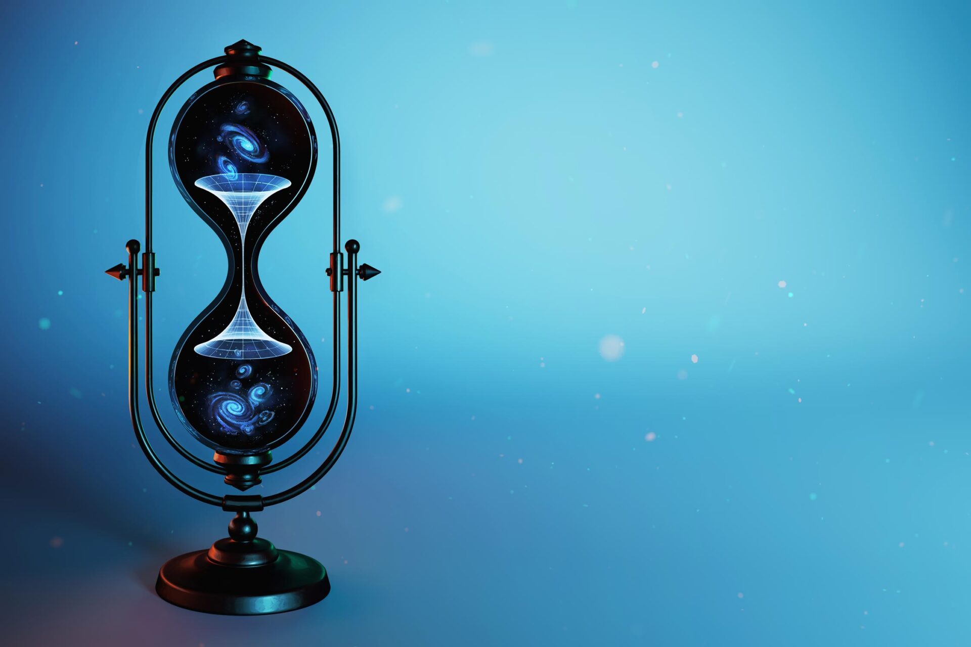 3D art of a black hourglass containing a central, white wormhole. Inside the hourglass, galaxies fall from the top bulb, through the wormhole, and land in the bottom bulb.