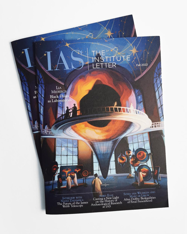 Photo of the cover of IAS: The Institute Letter. Featuring art of a black hole laboratory in a retro-futuristic style.