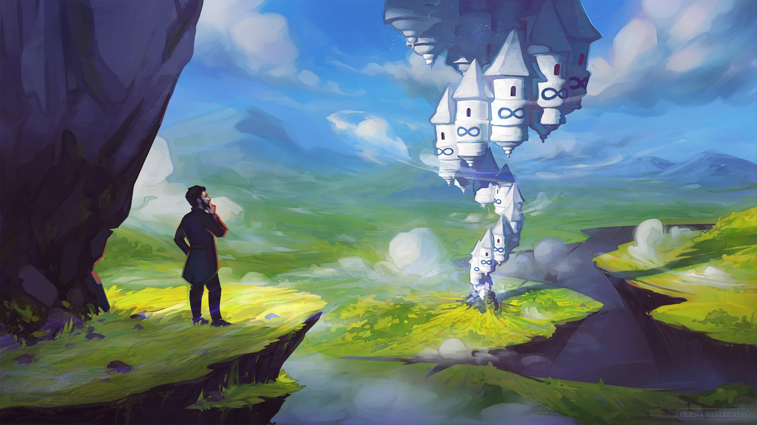 Stylized painting: Georg Cantor standing on a clieff, pondering an ever-rising, infinite tower in a fantastical landscape.