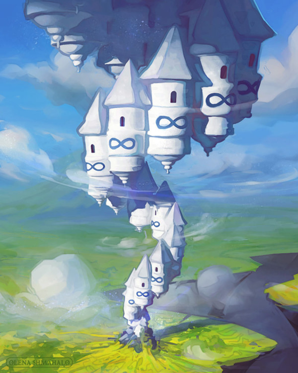 Painting: an infinite white tower in a fantastical landscape, growing in size as it spirals upwards.