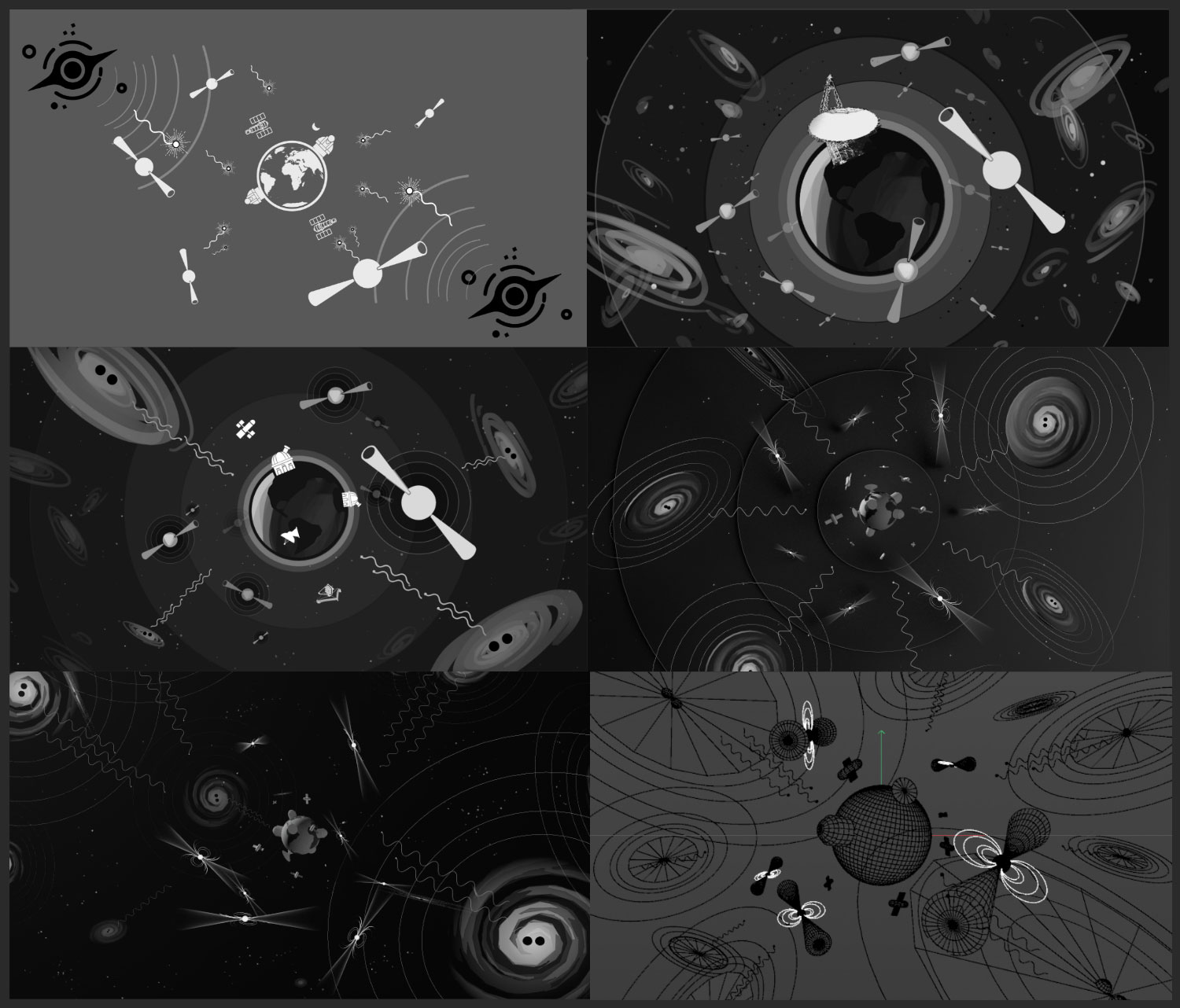 Sketches of earth in space surrounded by telescopes, pulsars, and galaxies with supermassive binary black holes.