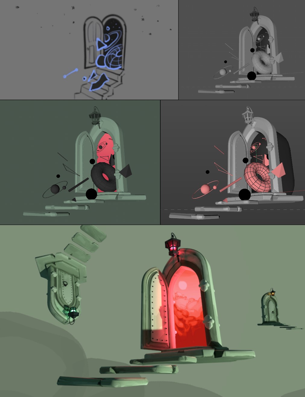 WIP of 3D art: Mathematical objects and systems burst out of a portal leading to another world.
