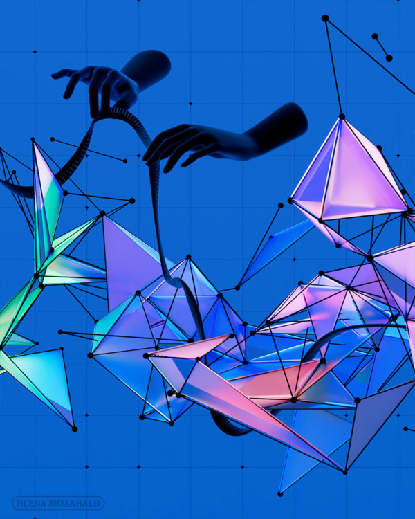 3D art: disembodied hands measuring various parts of a colorful network graph.