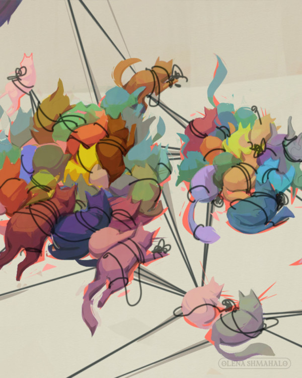 Close-up of a painting: multicolored cats tangled up in yarn, forming a network graph.