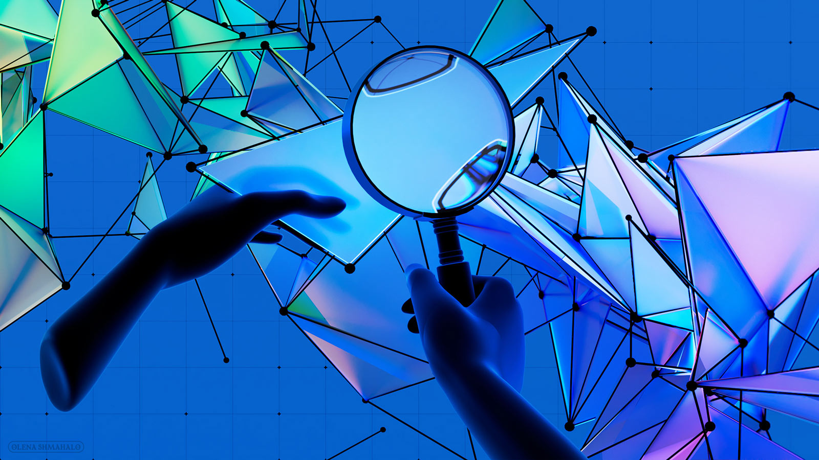 3D art: disembodied hands measuring various parts of a colorful network graph.