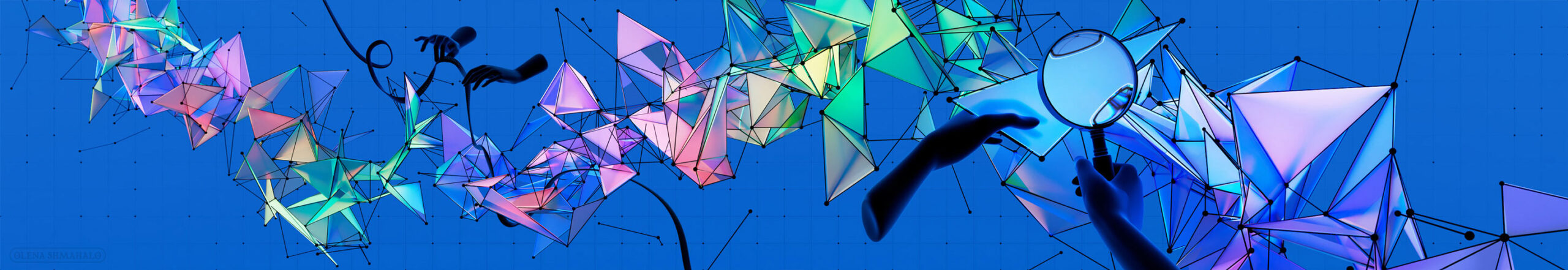 3D art: disembodied hands measuring various parts of a colorful network graph.