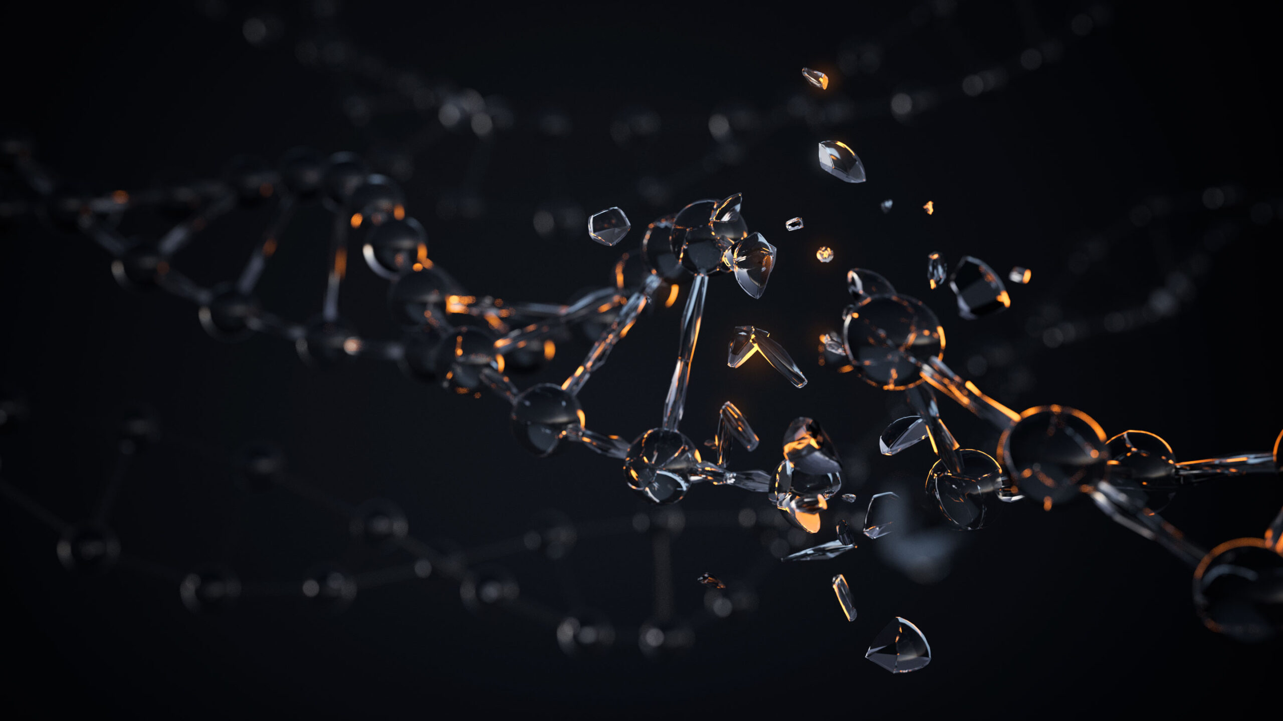 3D art: dramatically-lit, glass DNA breaking on a dark background.