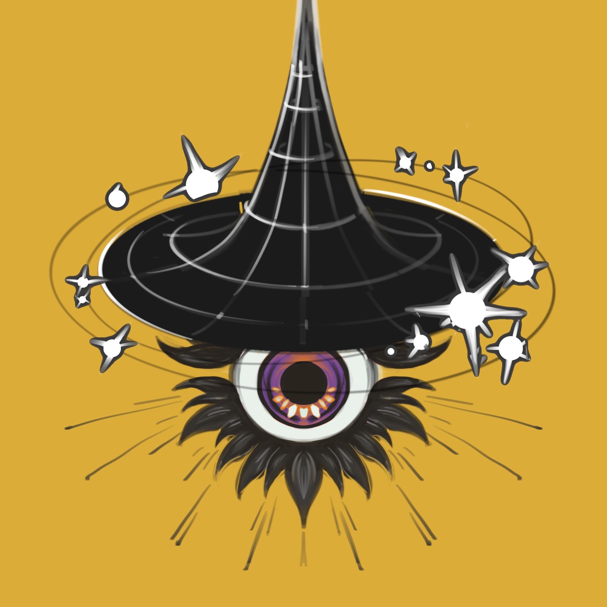 Illustration on a yellow background: a floating eyeball with black eyelashes wearing a funnel shaped black hole hat with orbiting stars.