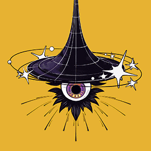 Illustration on a yellow background: a floating eyeball with black eyelashes wearing a funnel shaped black hole hat with orbiting stars.