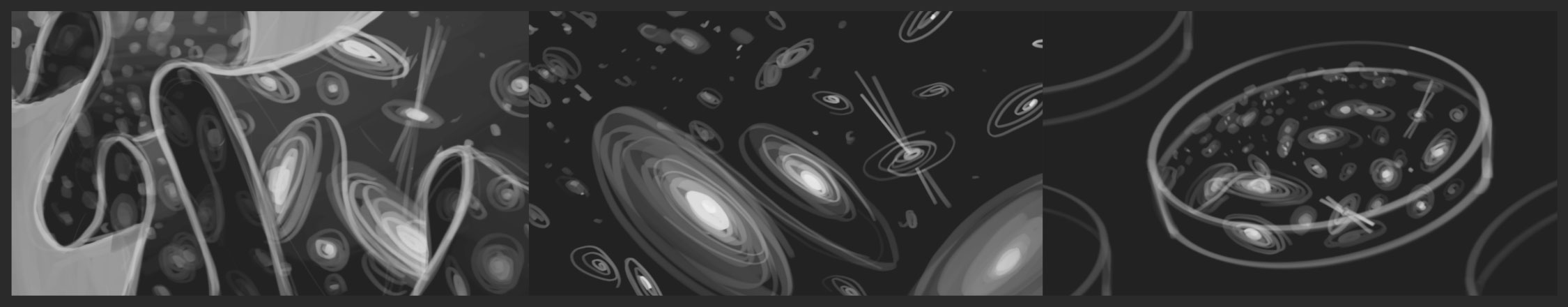 Sketches of galaxies on a ribbon of spacetime, in space, and in a petri dish