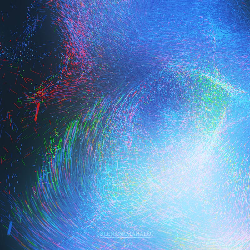 An abstract, iridescent visual created by millions of colorful particles flying through space.