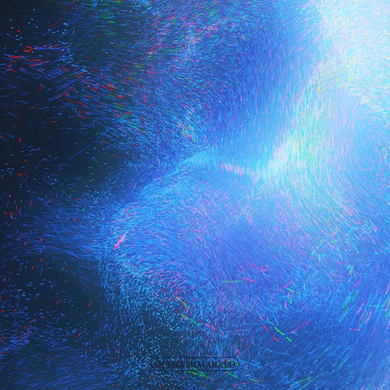 An abstract, iridescent visual created by millions of colorful particles flying through space.