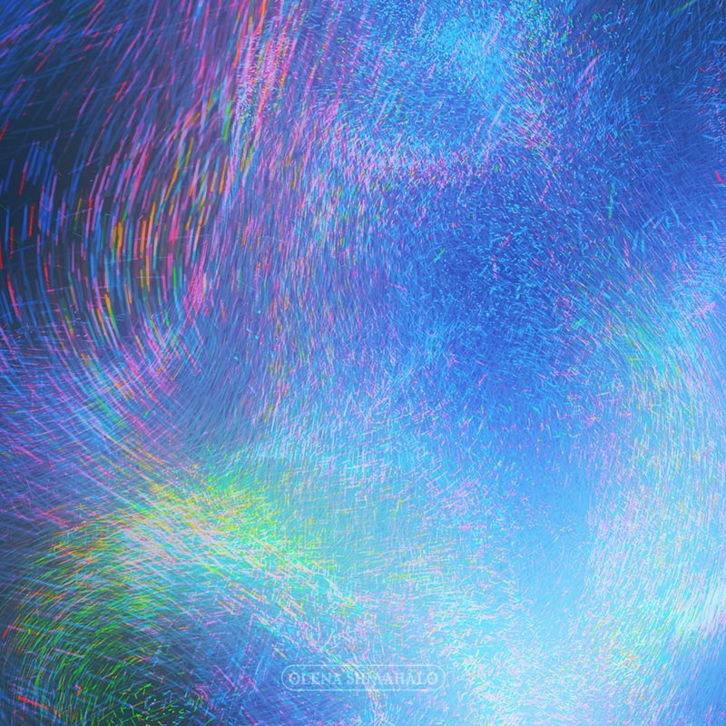 An abstract, iridescent visual created by millions of colorful particles flying through space.