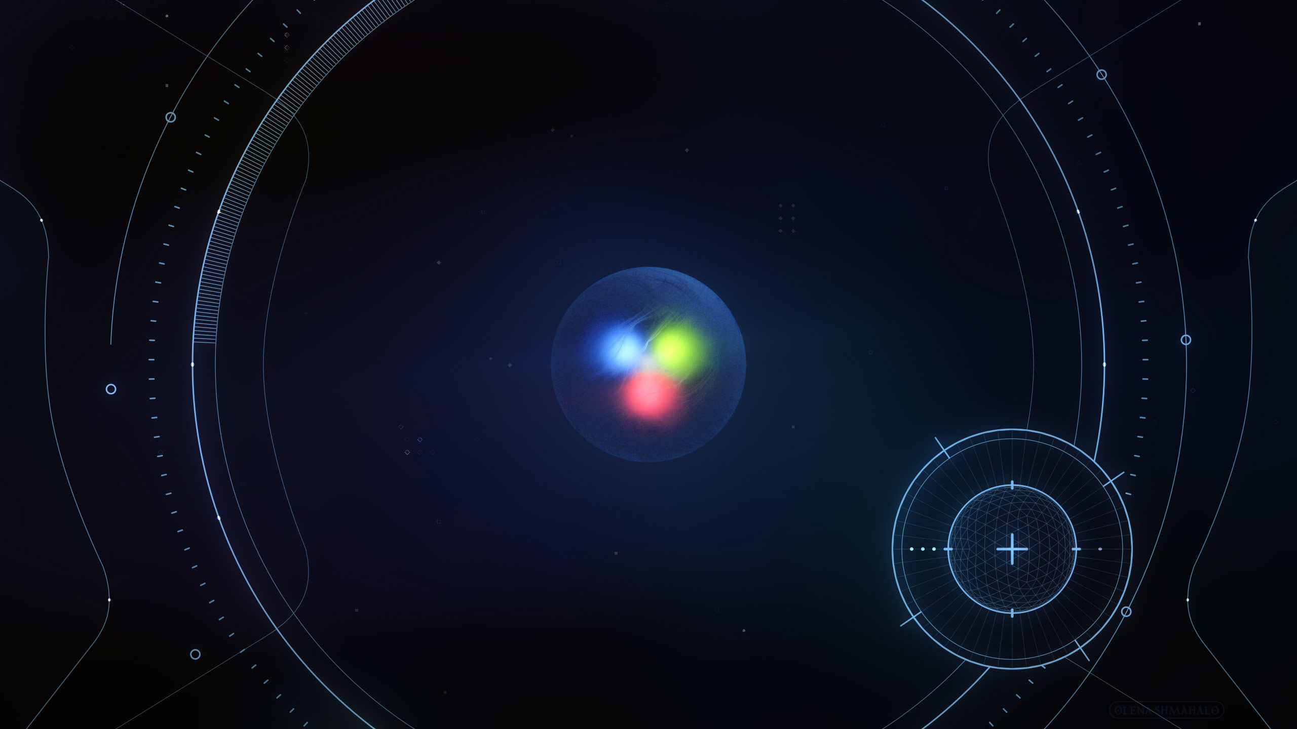 3D art: A proton particle on a dark background with FUI.