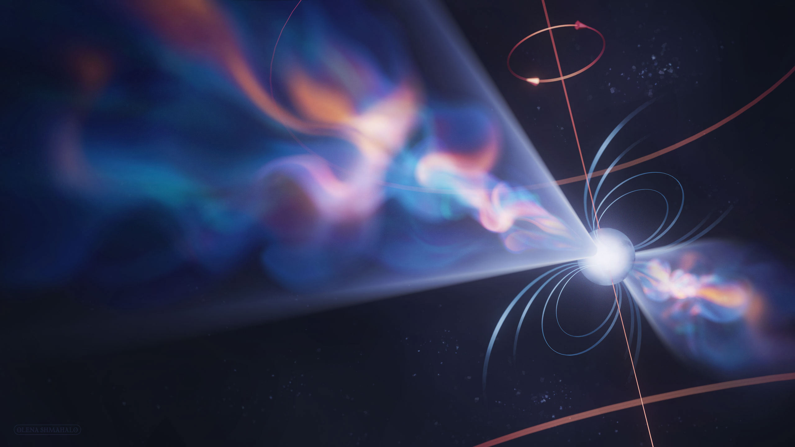 3D art of a pulsar shooting out colorful jets.