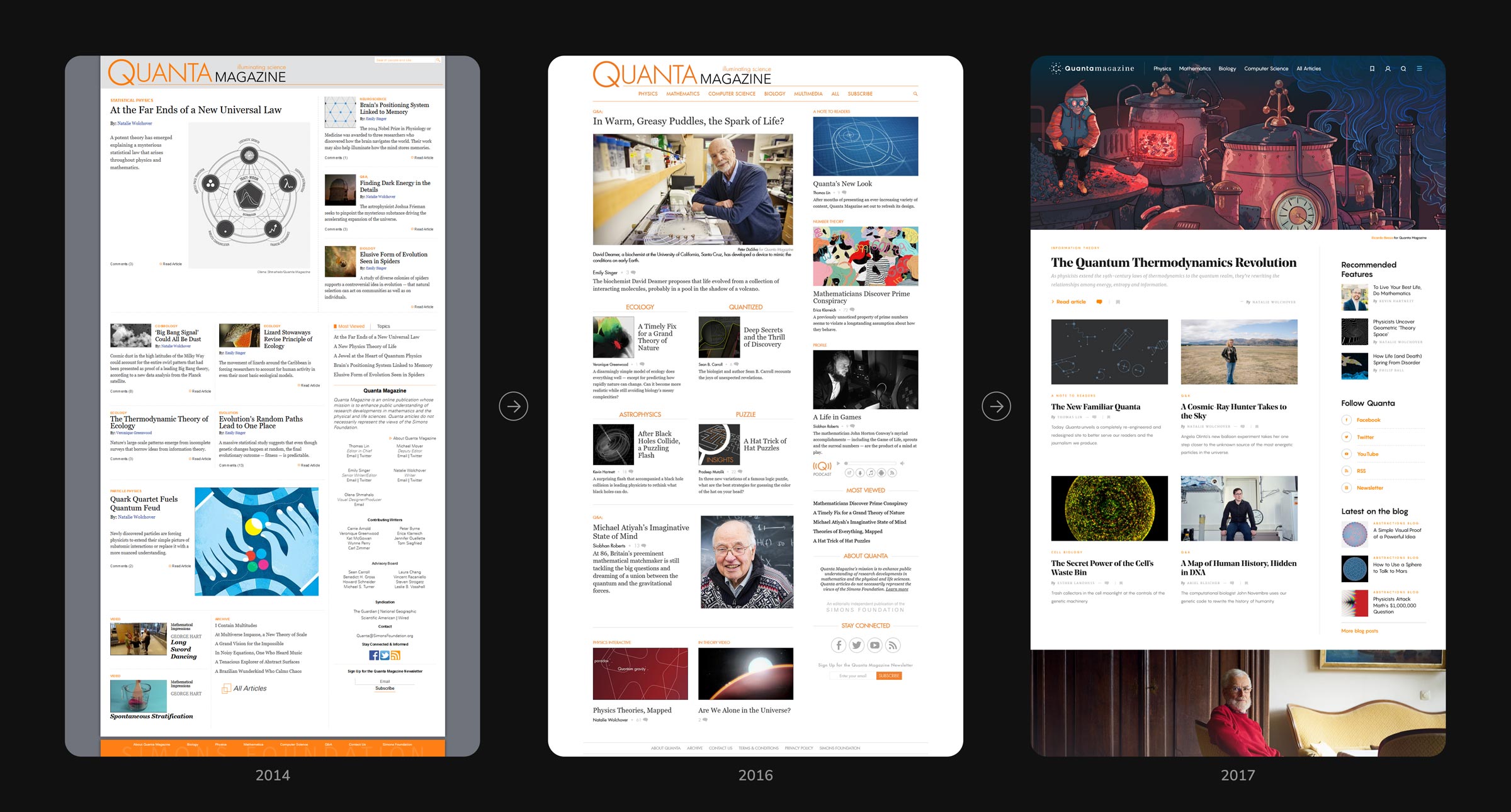 Screenshots of QuantaMagazine.org's design over the years: 2014, 2016, 2017. 2014: The original design before I joined Quanta Magazine. I became the fifth team member and sole art staff: Visual Designer, Producer and Art Director. 2016: Designed a reskin of the website. 2017: Directed a full rebranding with Dog Studio & Barrel NYC.