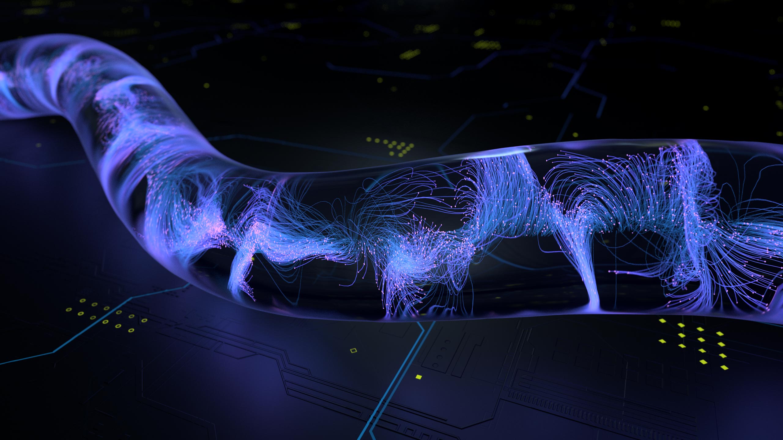 3D art: a glass tube filled with swirling purple lights, like fiber-optics.