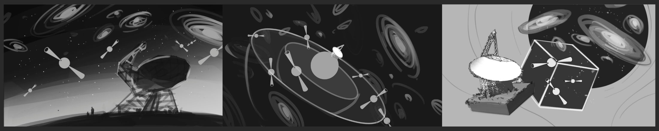 Sketches of space scenes with pulsars and galaxies