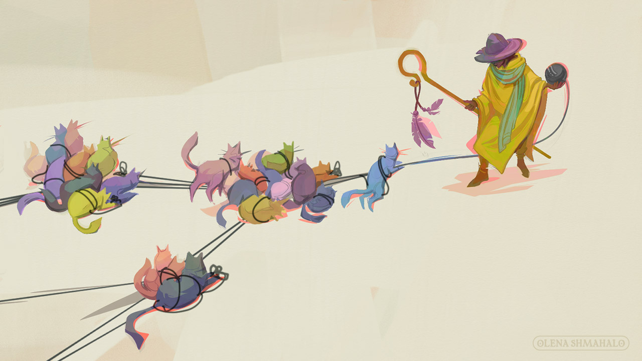 Illustration: shepherd holding a staff with feathers hanging off the end in one hand and a ball of yarn in the other, leading multicolored cats who are tangled up in the yarn, forming a network graph.