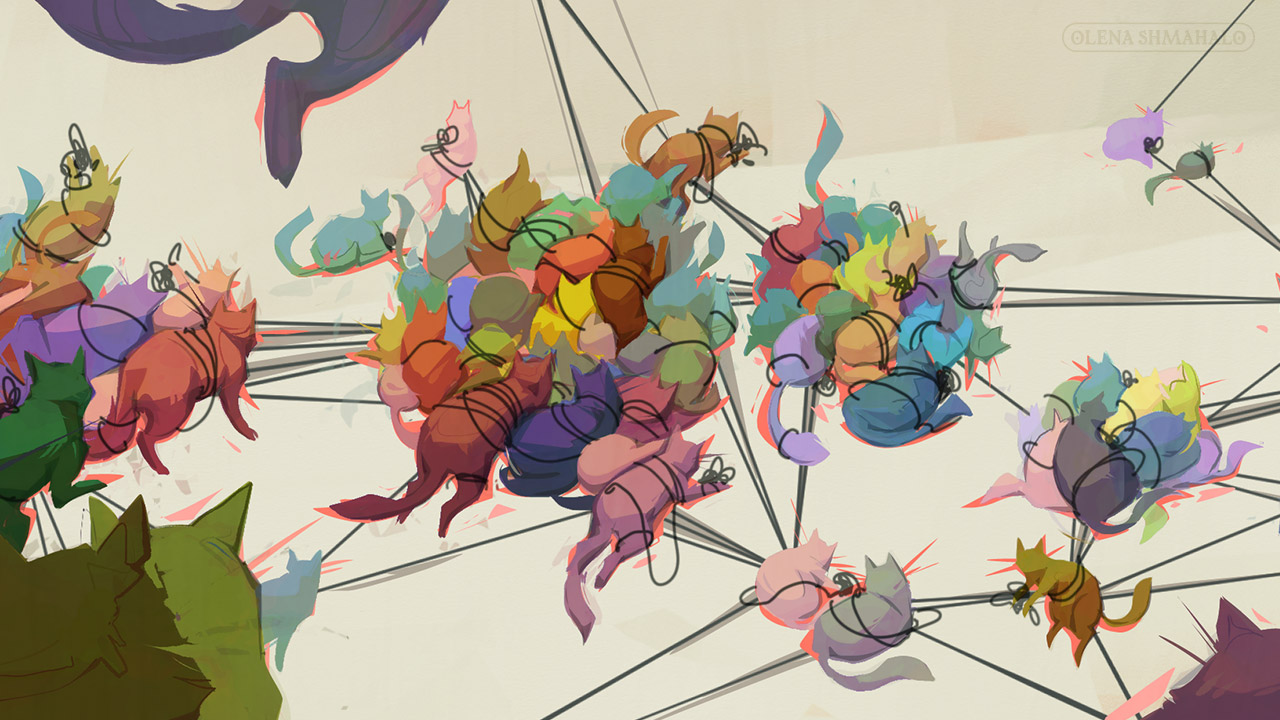 Close-up of a painting: multicolored cats tangled up in yarn, forming a network graph.